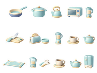 Obraz premium Cute 3D Kitchen Icon Set in Kawaii Pastel Style with Cooking Appliances Isolated PNG