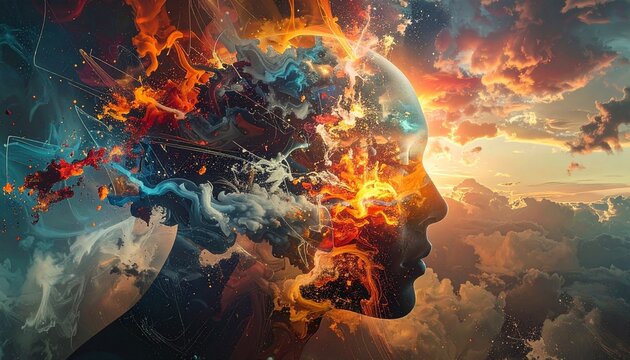Abstract Human Head Silhouette Exploding with Cosmic Energy and Clouds.