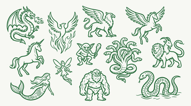 A collection of mythical creatures and fantasy beings, including a dragon, phoenix, griffin, unicorn, pegasus, mermaid, fairy, goblin, troll, medusa, and a chimera.
