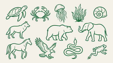 A collection of diverse animal illustrations, including marine life, land mammals, birds of prey, and reptiles, presented in a simple green line art style on a light background. © logan