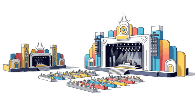 Stylized illustration of a vibrant summer festival stage setup and seating arrangement, rendered with a cheerful and energetic mood on a clean white background, offering a whimsical