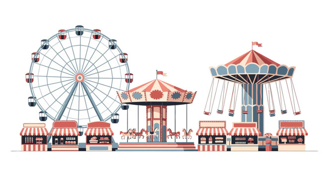 Wide, eye-level illustration of a vibrant summer festival scene featuring a carousel, swing ride, and Ferris wheel, all in front of concession stands, set against a stark white background