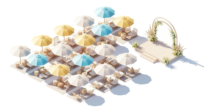 Isometric view of a summer festival setup featuring beach umbrellas and lounge chairs in a staged design, with a wedding archway on a platform, all against a clean white background