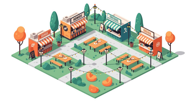 Isometric illustration of a vibrant summer festival market featuring multiple food stalls and picnic tables arranged on a patterned ground, with trees and string lights adding