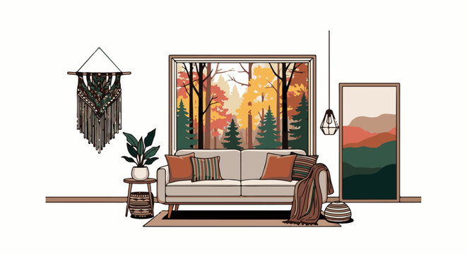 Cozy living room with a view of autumn forest, macrame wall hanging