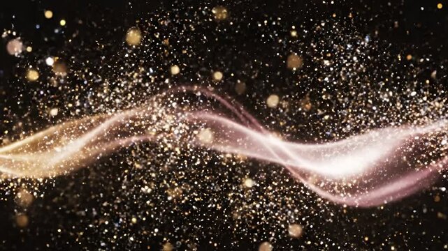 Abstract Golden Glittering Particles Swirling in Dark Space with Light Flare.