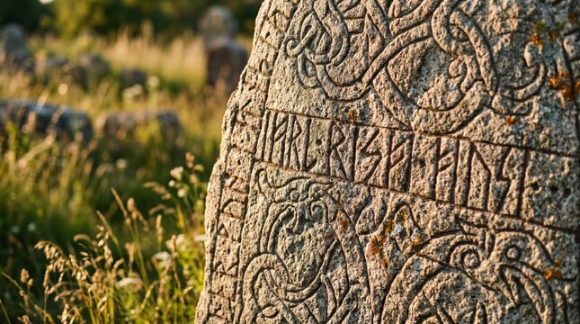 Runestone carvings showing weathered inscriptions in grassy field