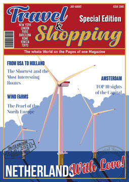 Travel and Shopping Magazine Fake Cover. Netherlands with Love. Offshore Wind Farm Tourist Attraction Illustration. Netherlands Flag, Vector Template for Touristic Illustrations, Posters, Covers