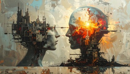 Obraz premium Abstract Surrealist Art Depicting Two Heads in Dialogue.