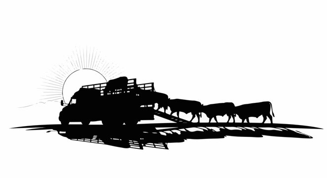 Silhouette of cattle being loaded onto a truck at sunrise