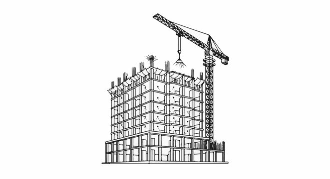 Outline sketch of a multi-story building under construction with a crane