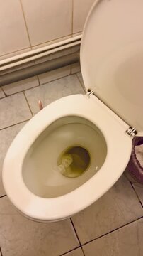 Dirty public toilet bowl showing urine, open lid and porcelain bowl stained yellow with crumpled tissue inside, tiled floor