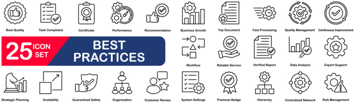 Best practices icon set in line style. workflow, optimization, performance, standard, improvement, procedure, collection Editable line icons. Vector illustration