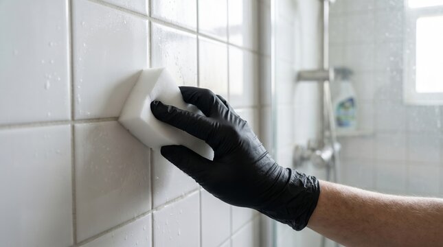 Hand wearing black glove cleaning white tiled wall with sponge in a shower domestic work domestic chores modern home