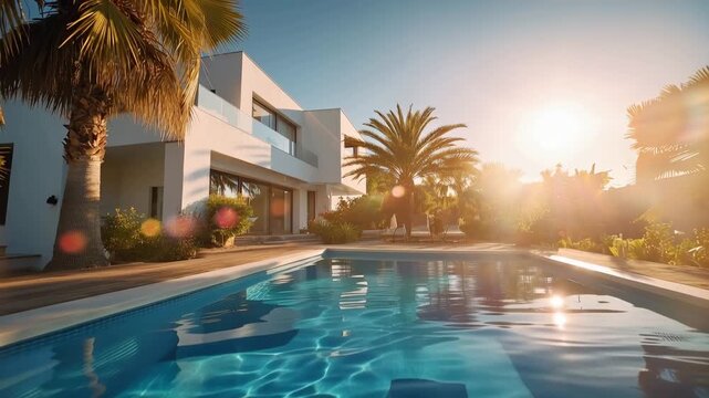 clear blue water in outdoor pool in luxury home animation