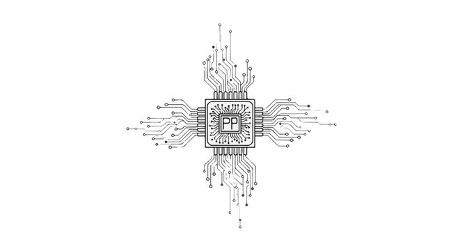 Stylized central processing unit with radiating circuit lines and internal "PP" logo