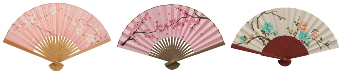 Three exquisite traditional Japanese folding fans, each adorned with delicate floral and bird motifs on a transparent. © rcb