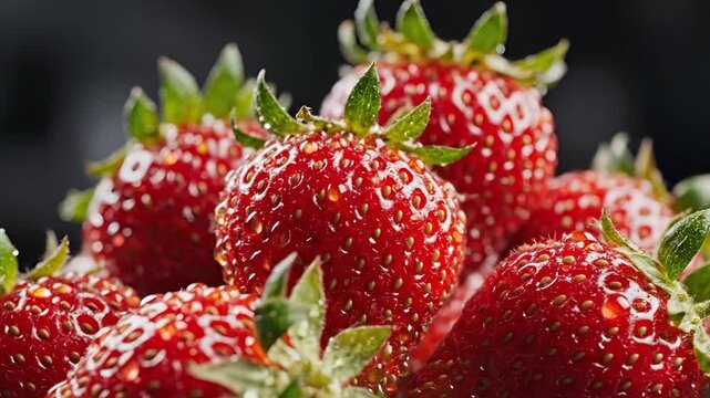 Close up of fresh ripe red strawberries with green leaves.