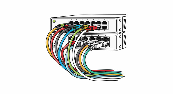 Stacked network switches connected with colorful ethernet cables