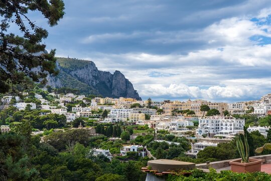 View of white buildings cascading down the hillside amidst lush greenery, framed by dramatic cliffs under a cloudy sky, Capri, Campania, Italy.