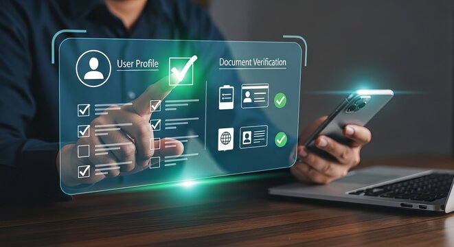 Electronic document verification and user profile authentication interface showing checklist for secure online registration and identity protection on workstation.