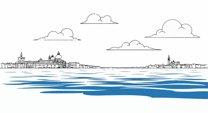Sketch of a cityscape with domes and a bell tower by the water
