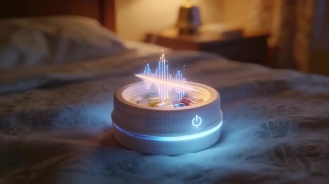 Powering on, pillbox projecting hologram waveform on bedspread, LED ring pulsing with pills