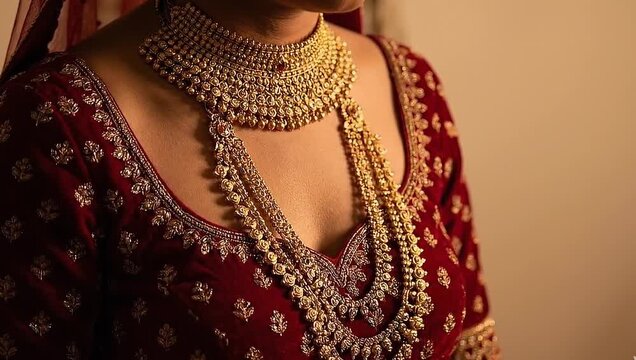 Cinematic Detail of Heavy Gold Bridal Jewelry on Indian Bride in Red Lehenga
