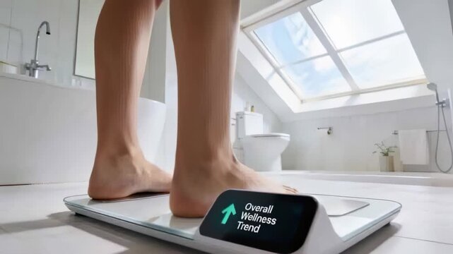 Entering bright bathroom, woman placing bare feet on smart scale, reading Overall Wellness Trend