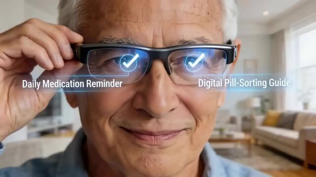 Lowering smart glasses, senior viewing digital med alert and pill guide in living room, blue shirt