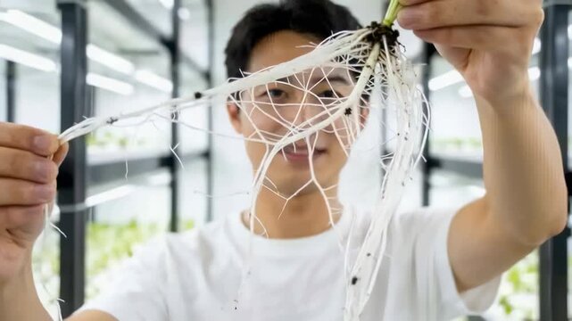Holding pulled seedling, Asian man in white tee presenting roots in grow lab, revealing pellets
