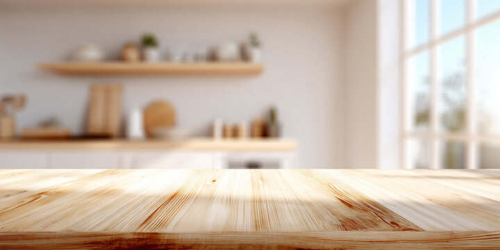 Sunlit wooden kitchen countertop with blurred modern interior background. Blurred kitchen on the background.