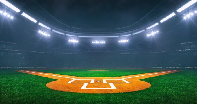 Baseball field at a sports stadium in foggy weather with shining floodlights and fans ready for an upcoming nighttime sports event. Loopable professional sports advertisement video background.