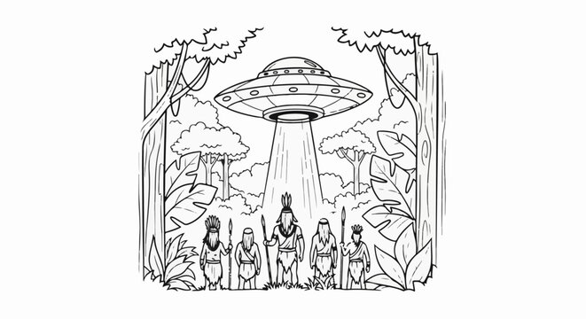 Indigenous figures gaze up at a hovering unidentified flying object in a jungle