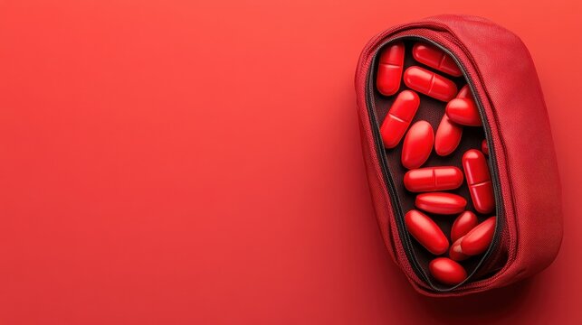 Red pills spilled from an open red pouch on a red surface