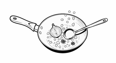 Overhead view of a black and white drawing of a frying pan with ingredients © mesa