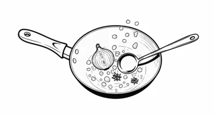 Overhead view of a black and white drawing of a frying pan with ingredients © mesa