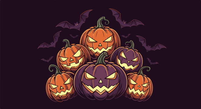 Creepy pumpkins and bats fill the dark, spooky Halloween scene