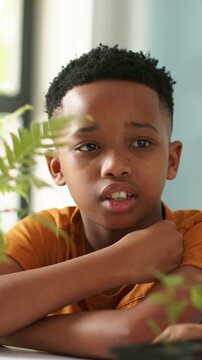 Vertical video: Leaning child in orange tee following hands moving potted fern at table, curious