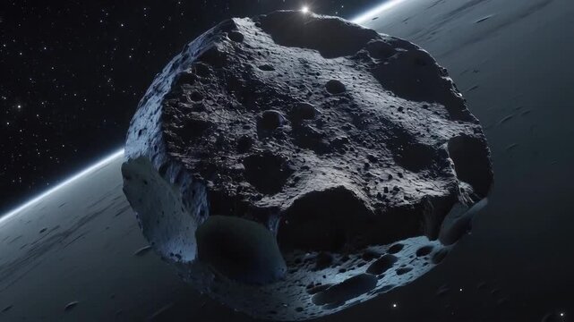 Close-up view of a large rocky asteroid floating in space, illuminated by distant stars and featuring a rugged, cratered surface