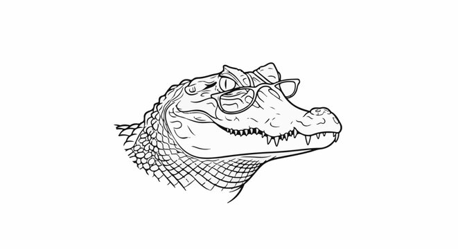 Black and white line drawing of a crocodile head wearing round spectacles