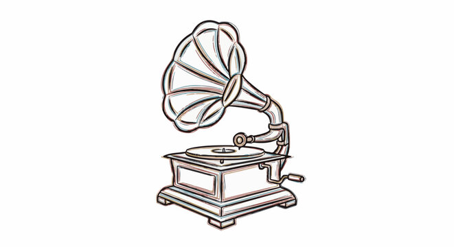 A vintage gramophone with a horn and crank, rendered in a sketchy style