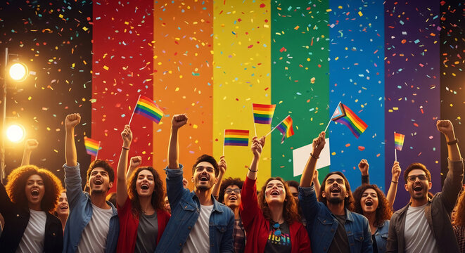 A diverse crowd cheers, waving rainbow flags amidst falling confetti, representing pride, celebration, and unity in a vibrant, colorful setting