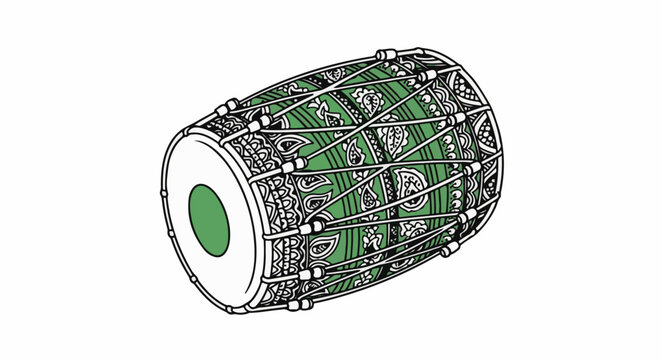 A green traditional Indian dholak drum with ornate paisley patterns