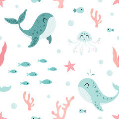 Fototapeta premium Ocean seamless pattern with cute whale, octopus, fish and seaweeds. Cartoon sea background. Nautical repeat design. Kids vector illustration.