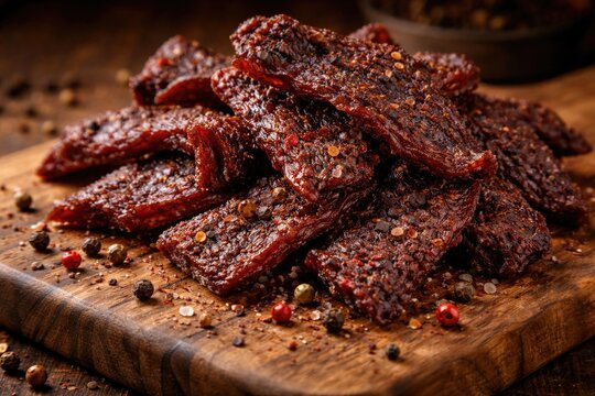 Intimate angle of dried beef jerky on a wooden cutting board with scattered colorful peppercorns