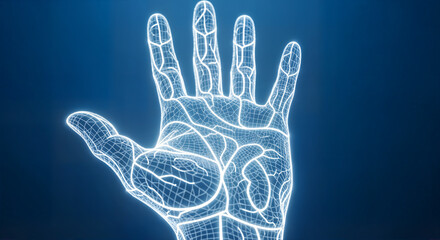 Naklejka premium Hand scan wireframe blue glow biometric identity, digital anatomy structure, medical biotechnology research imagery, technological prosthetic engineering design, robotic skeletal model art decor.