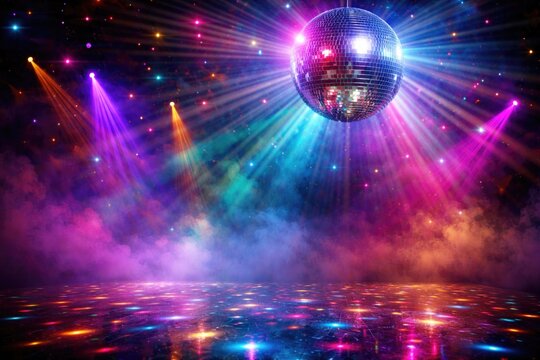 Copy space featuring disco ball shining multicolored lights in smoky setting