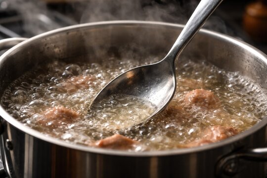 Heat conduction method with stainless spoon submerged in a bubbling pot to tenderize meals quicker