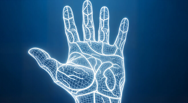 Hand scan wireframe blue glow biometric identity, digital anatomy structure, medical biotechnology research imagery, technological prosthetic engineering design, robotic skeletal model art decor.